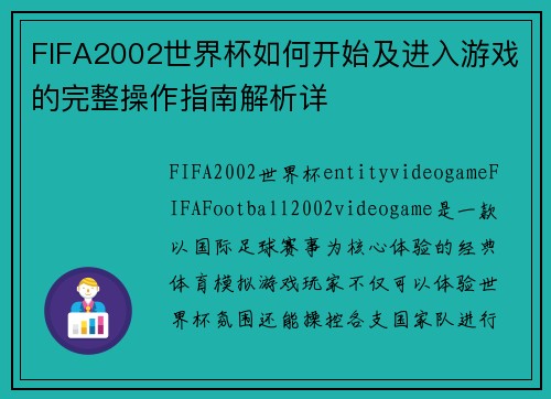 FIFA2002世界杯如何开始及进入游戏的完整操作指南解析详